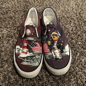 Polo Ralph Lauren Thompson P Bear Lighthouse Flag Slip On Canvas Shoes Sz 9.5 D